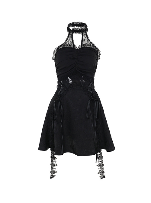 Halloween Elegant Black Lace Splicing Woven Waist Tie Decoration Gothic Style Sleeveless Dress