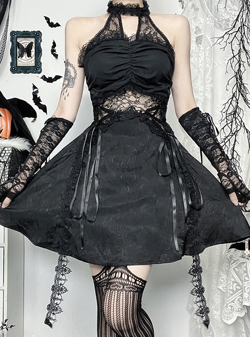 Halloween Elegant Black Lace Splicing Woven Waist Tie Decoration Gothic Style Sleeveless Dress