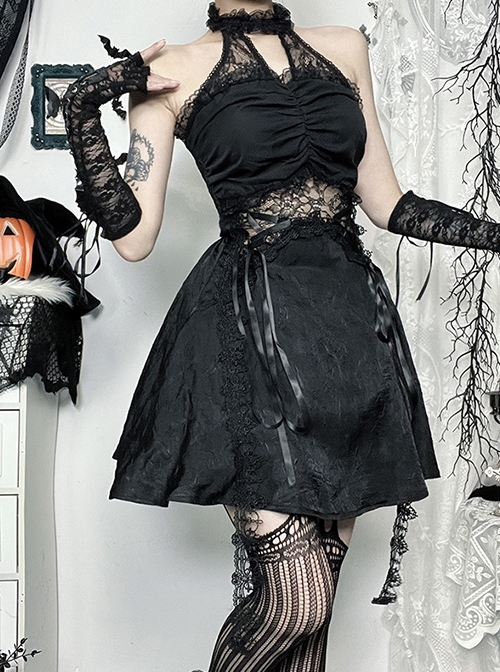 Halloween Elegant Black Lace Splicing Woven Waist Tie Decoration Gothic Style Sleeveless Dress