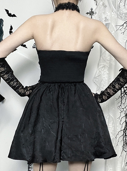 Halloween Elegant Black Lace Splicing Woven Waist Tie Decoration Gothic Style Sleeveless Dress