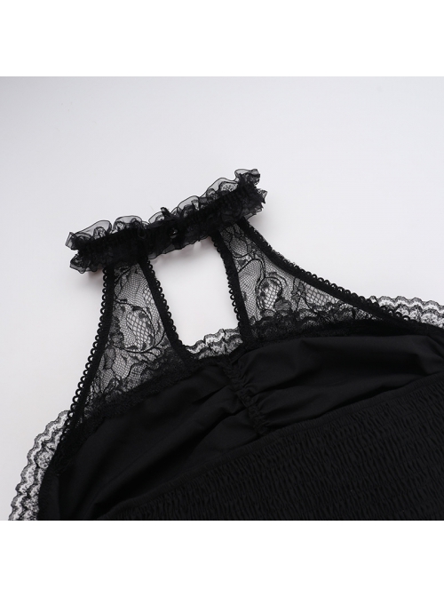 Halloween Elegant Black Lace Splicing Woven Waist Tie Decoration Gothic Style Sleeveless Dress