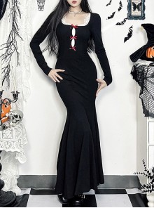 Christmas Black Gorgeous Woven Front Red Lace Up Gothic Style Long Sleeve Dress