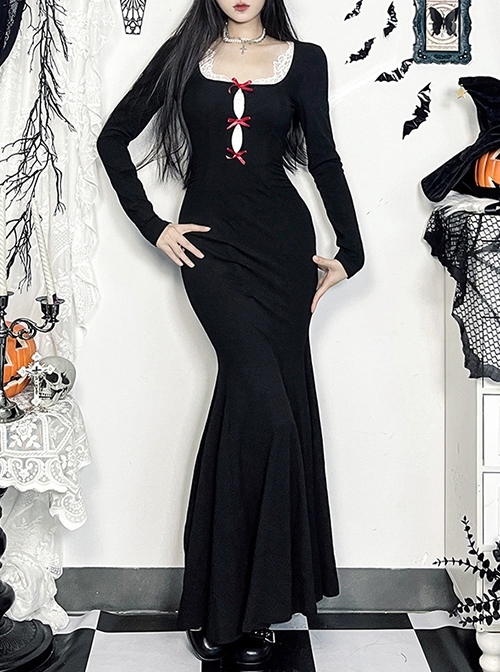 Christmas Black Gorgeous Woven Front Red Lace Up Gothic Style Long Sleeve Dress