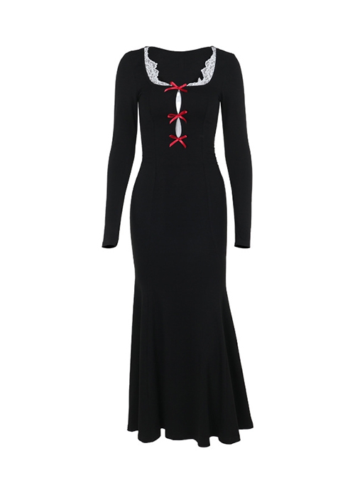 Christmas Black Gorgeous Woven Front Red Lace Up Gothic Style Long Sleeve Dress