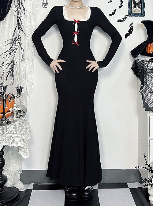 Christmas Black Gorgeous Woven Front Red Lace Up Gothic Style Long Sleeve Dress