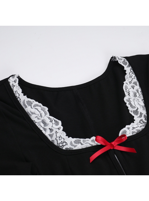 Christmas Black Gorgeous Woven Front Red Lace Up Gothic Style Long Sleeve Dress