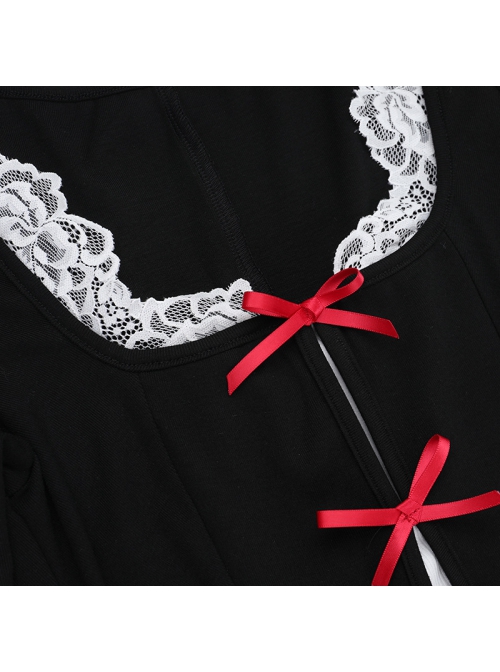 Christmas Black Gorgeous Woven Front Red Lace Up Gothic Style Long Sleeve Dress