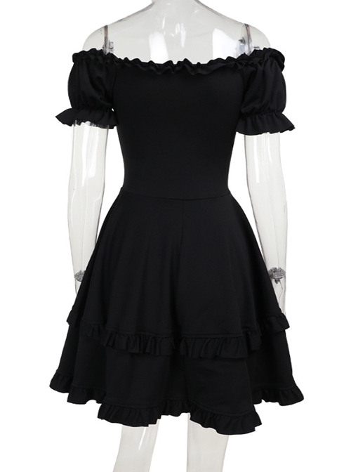 Black Casual Sexy Deep V Neck With Pleated Lace Design Gothic Style Solid Color Short Sleeved Dress