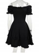 Black Casual Sexy Deep V Neck With Pleated Lace Design Gothic Style Solid Color Short Sleeved Dress