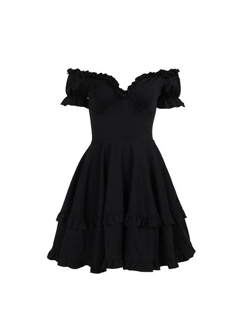 Black Casual Sexy Deep V Neck With Pleated Lace Design Gothic Style Solid Color Short Sleeved Dress