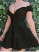 Black Casual Sexy Deep V Neck With Pleated Lace Design Gothic Style Solid Color Short Sleeved Dress