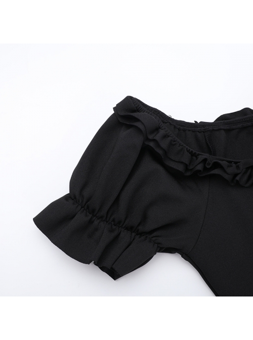 Black Casual Sexy Deep V Neck With Pleated Lace Design Gothic Style Solid Color Short Sleeved Dress