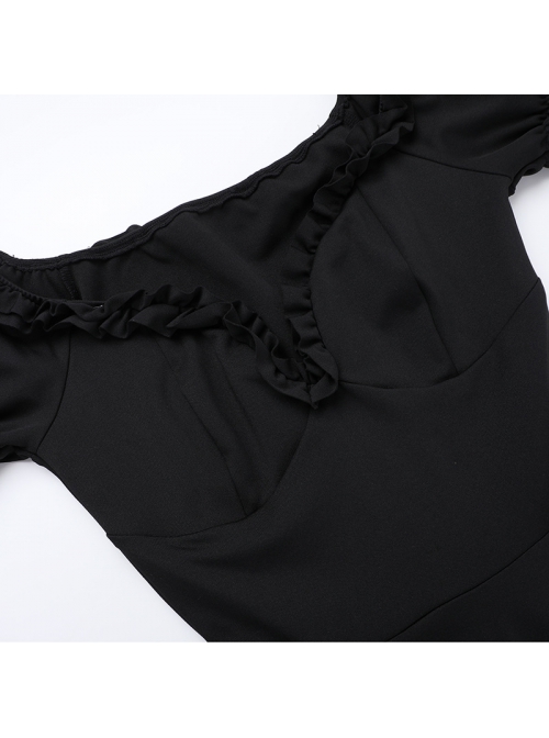 Black Casual Sexy Deep V Neck With Pleated Lace Design Gothic Style Solid Color Short Sleeved Dress