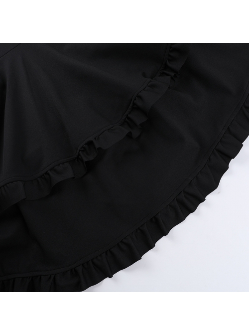Black Casual Sexy Deep V Neck With Pleated Lace Design Gothic Style Solid Color Short Sleeved Dress