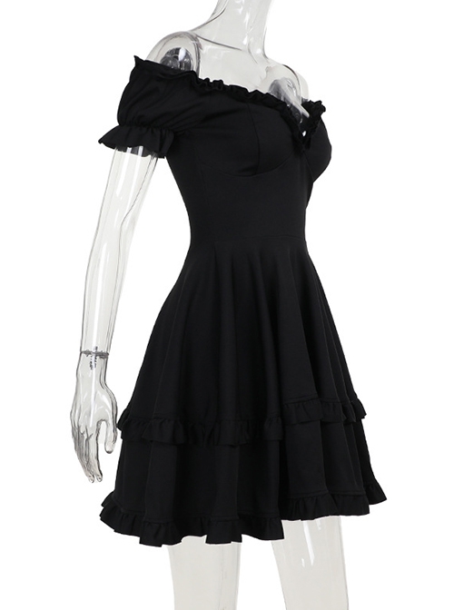 Black Casual Sexy Deep V Neck With Pleated Lace Design Gothic Style Solid Color Short Sleeved Dress
