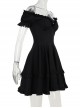 Black Casual Sexy Deep V Neck With Pleated Lace Design Gothic Style Solid Color Short Sleeved Dress