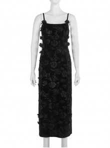 Halloween Sexy Slit Black Embossed Velvet Fabric With Flower Ribbon Decoration Gothic Style Sleeveless Suspender Dress