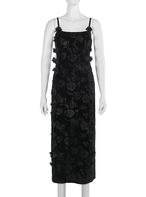 Halloween Sexy Slit Black Embossed Velvet Fabric With Flower Ribbon Decoration Gothic Style Sleeveless Suspender Dress