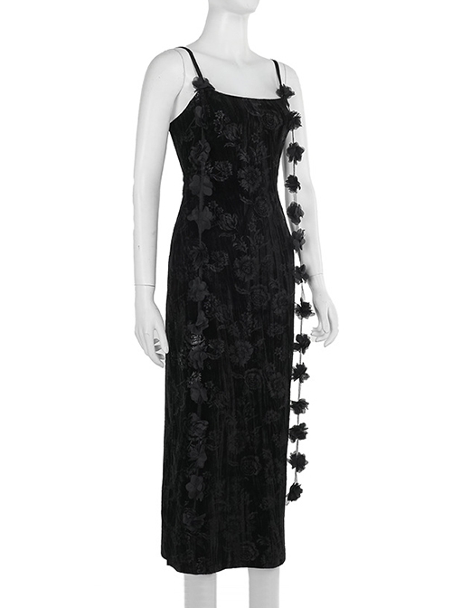 Halloween Sexy Slit Black Embossed Velvet Fabric With Flower Ribbon Decoration Gothic Style Sleeveless Suspender Dress