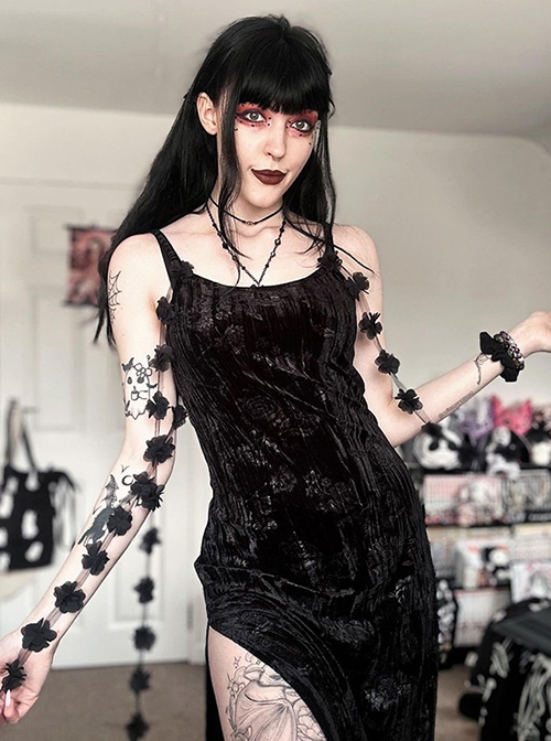 Halloween Sexy Slit Black Embossed Velvet Fabric With Flower Ribbon Decoration Gothic Style Sleeveless Suspender Dress