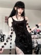 Halloween Sexy Slit Black Embossed Velvet Fabric With Flower Ribbon Decoration Gothic Style Sleeveless Suspender Dress