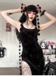 Halloween Sexy Slit Black Embossed Velvet Fabric With Flower Ribbon Decoration Gothic Style Sleeveless Suspender Dress