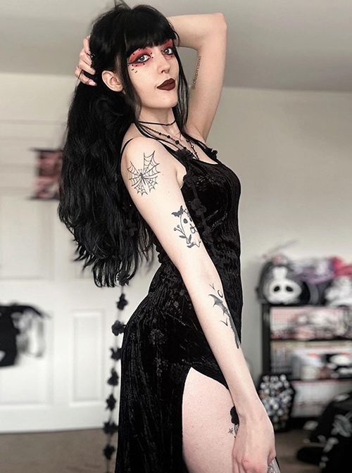 Halloween Sexy Slit Black Embossed Velvet Fabric With Flower Ribbon Decoration Gothic Style Sleeveless Suspender Dress
