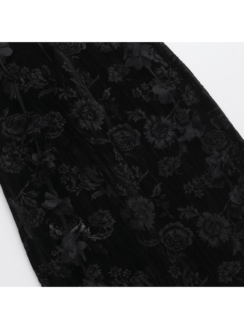 Halloween Sexy Slit Black Embossed Velvet Fabric With Flower Ribbon Decoration Gothic Style Sleeveless Suspender Dress