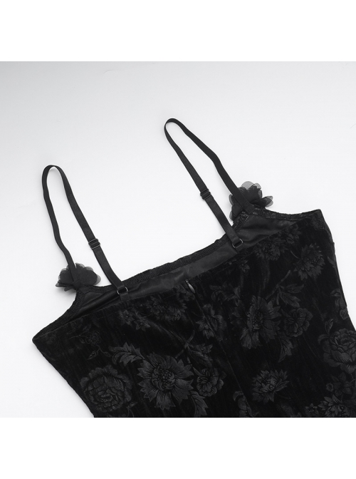 Halloween Sexy Slit Black Embossed Velvet Fabric With Flower Ribbon Decoration Gothic Style Sleeveless Suspender Dress