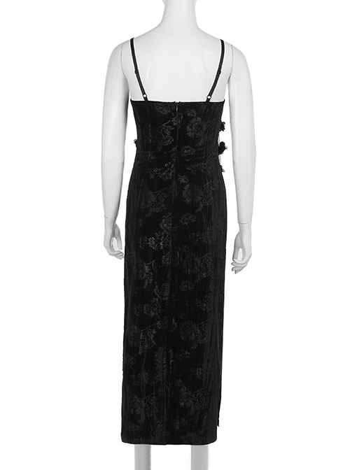 Halloween Sexy Slit Black Embossed Velvet Fabric With Flower Ribbon Decoration Gothic Style Sleeveless Suspender Dress