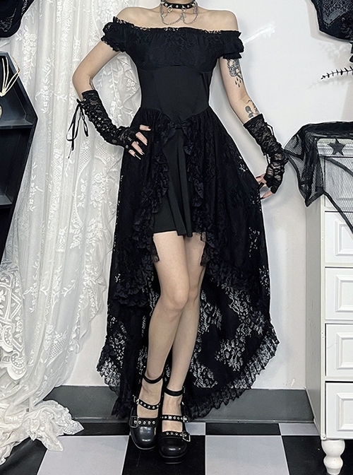 Halloween Elegant Black Lace Fabric With One Shoulder Design Gothic Style Short Sleeved Dress