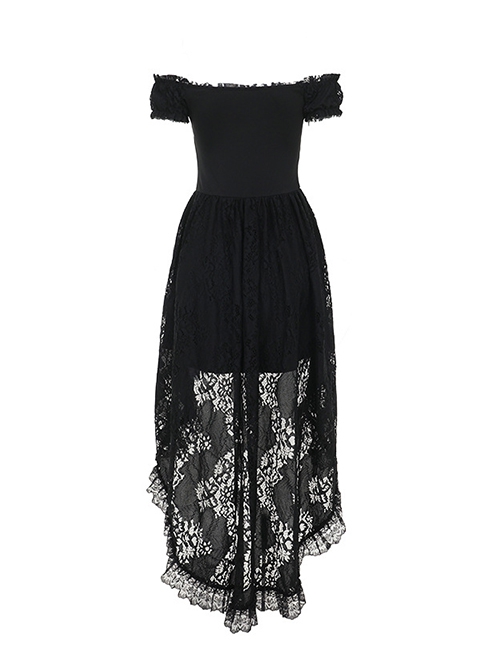Halloween Elegant Black Lace Fabric With One Shoulder Design Gothic Style Short Sleeved Dress