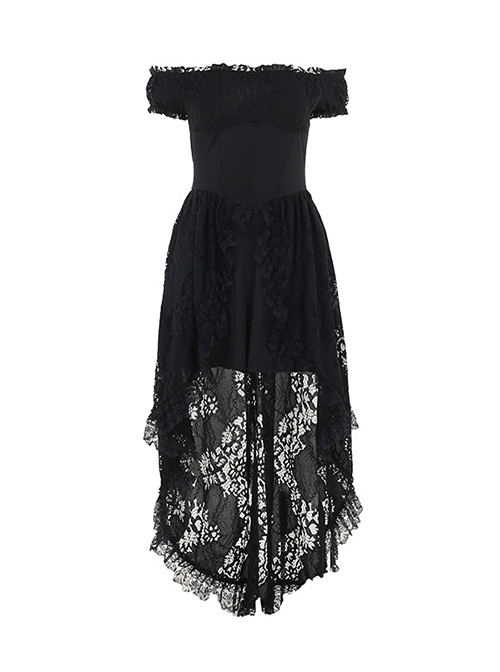 Halloween Elegant Black Lace Fabric With One Shoulder Design Gothic Style Short Sleeved Dress