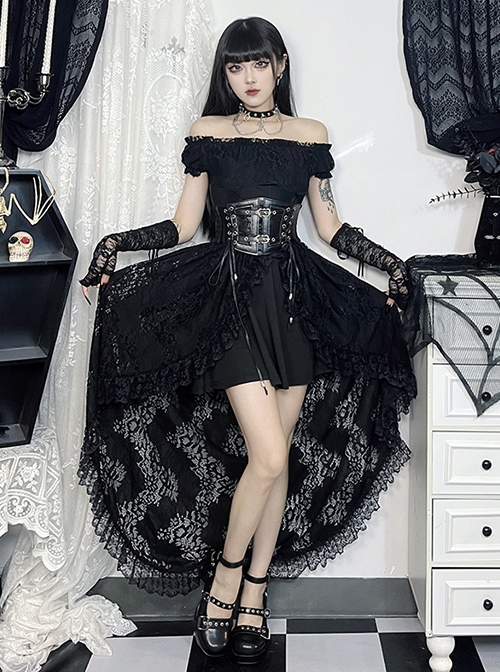 Halloween Elegant Black Lace Fabric With One Shoulder Design Gothic Style Short Sleeved Dress