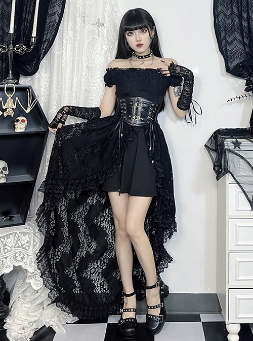 Halloween Elegant Black Lace Fabric With One Shoulder Design Gothic Style Short Sleeved Dress