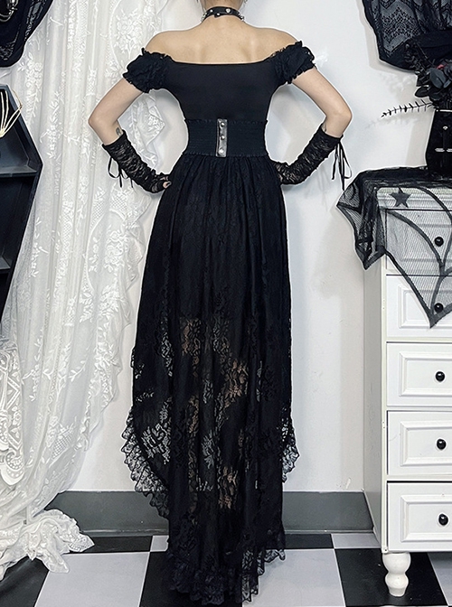 Halloween Elegant Black Lace Fabric With One Shoulder Design Gothic Style Short Sleeved Dress