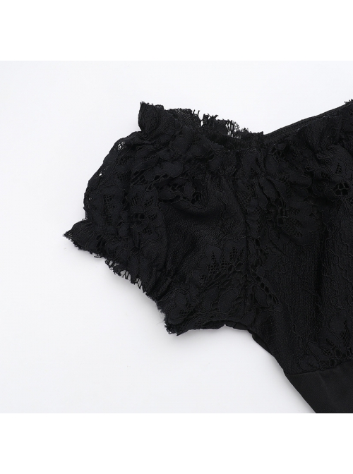 Halloween Elegant Black Lace Fabric With One Shoulder Design Gothic Style Short Sleeved Dress