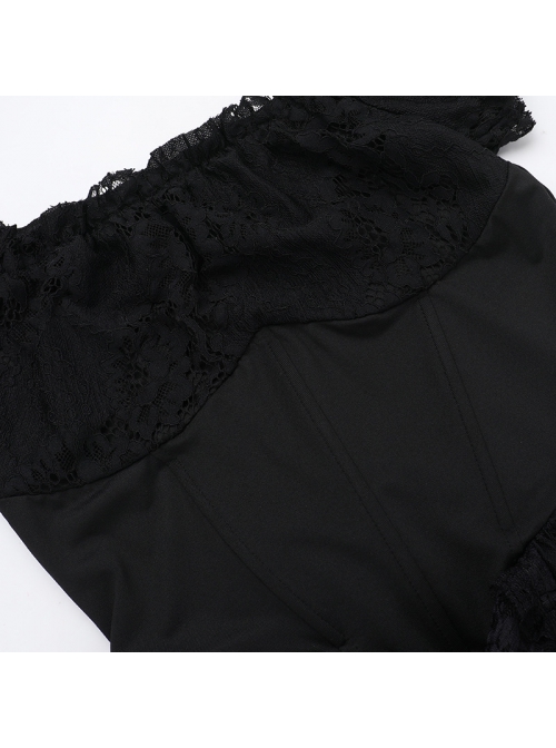 Halloween Elegant Black Lace Fabric With One Shoulder Design Gothic Style Short Sleeved Dress