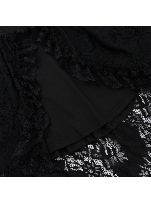 Halloween Elegant Black Lace Fabric With One Shoulder Design Gothic Style Short Sleeved Dress
