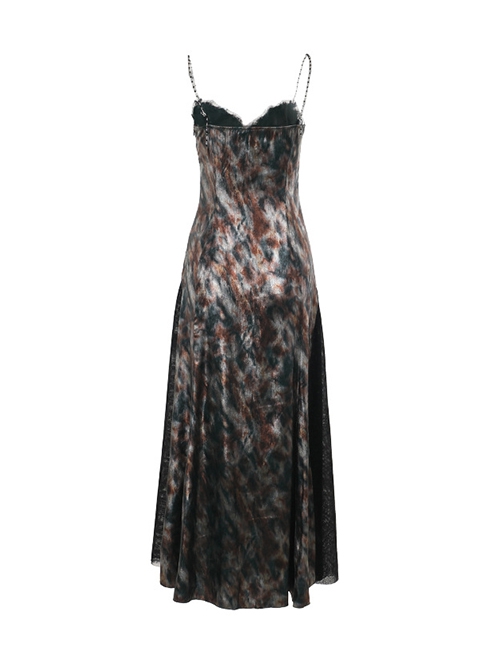 Elegant Green Patchwork Woven Front With Jacquard Fabric Decoration Gothic Style Suspender Sleeveless Dress