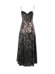 Elegant Green Patchwork Woven Front With Jacquard Fabric Decoration Gothic Style Suspender Sleeveless Dress