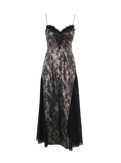Elegant Green Patchwork Woven Front With Jacquard Fabric Decoration Gothic Style Suspender Sleeveless Dress