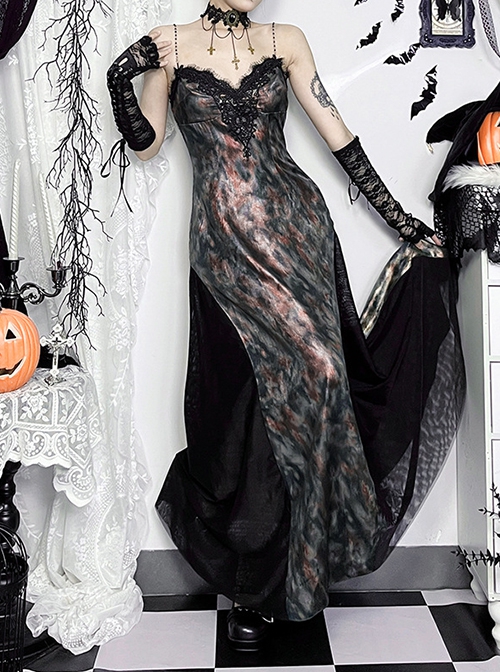 Elegant Green Patchwork Woven Front With Jacquard Fabric Decoration Gothic Style Suspender Sleeveless Dress