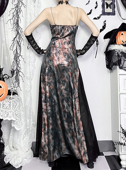 Elegant Green Patchwork Woven Front With Jacquard Fabric Decoration Gothic Style Suspender Sleeveless Dress