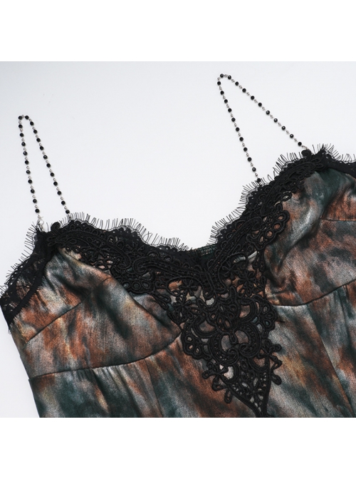 Elegant Green Patchwork Woven Front With Jacquard Fabric Decoration Gothic Style Suspender Sleeveless Dress