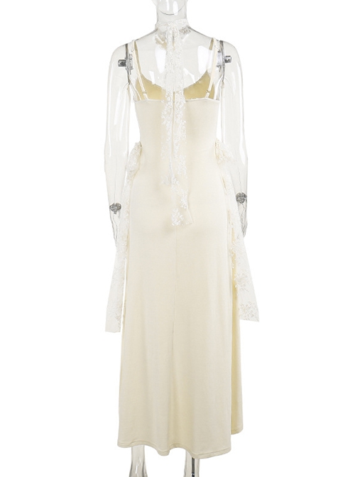 Apricot Gorgeous Lace Splicing Woven Sexy Low-Cut Design With Slit Hem Gothic Style Suspender Sleeveless Dress