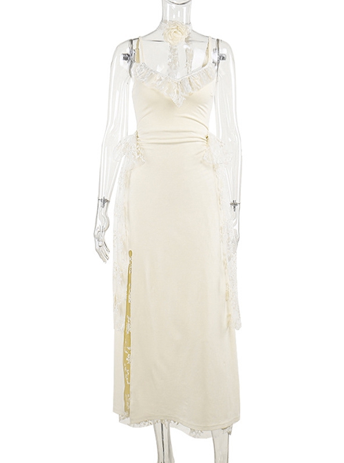 Apricot Gorgeous Lace Splicing Woven Sexy Low-Cut Design With Slit Hem Gothic Style Suspender Sleeveless Dress