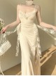 Apricot Gorgeous Lace Splicing Woven Sexy Low-Cut Design With Slit Hem Gothic Style Suspender Sleeveless Dress