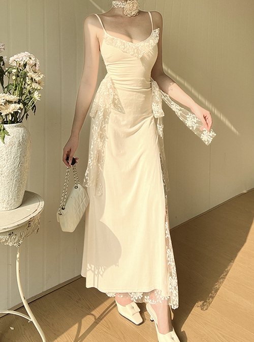 Apricot Gorgeous Lace Splicing Woven Sexy Low-Cut Design With Slit Hem Gothic Style Suspender Sleeveless Dress