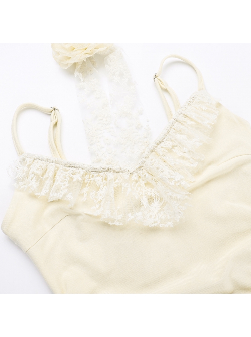 Apricot Gorgeous Lace Splicing Woven Sexy Low-Cut Design With Slit Hem Gothic Style Suspender Sleeveless Dress